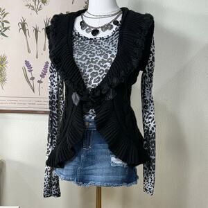Y2k Black Cable Knit Ruffle Faux Fur Trim Sweater Vest Gyaru Himekaji Trashy M L